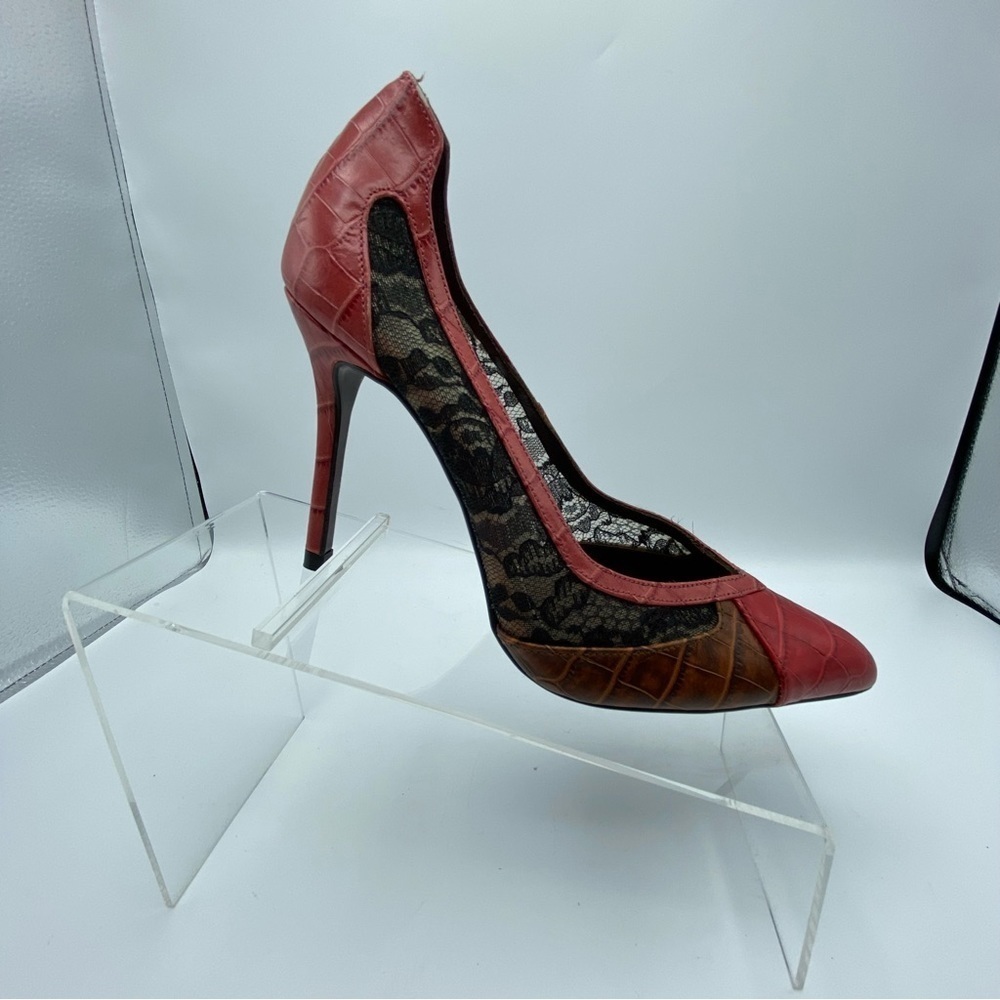 🌹NWOT. Zara Red Animal Print Lace High Heel Shoes. Size 7,5. - Picture 6 of 12